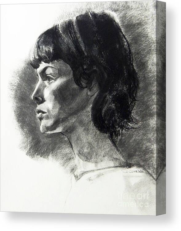 Greta Corens Canvas Print featuring the drawing Charcoal Portrait of a Pensive Young Woman in Profile by Greta Corens