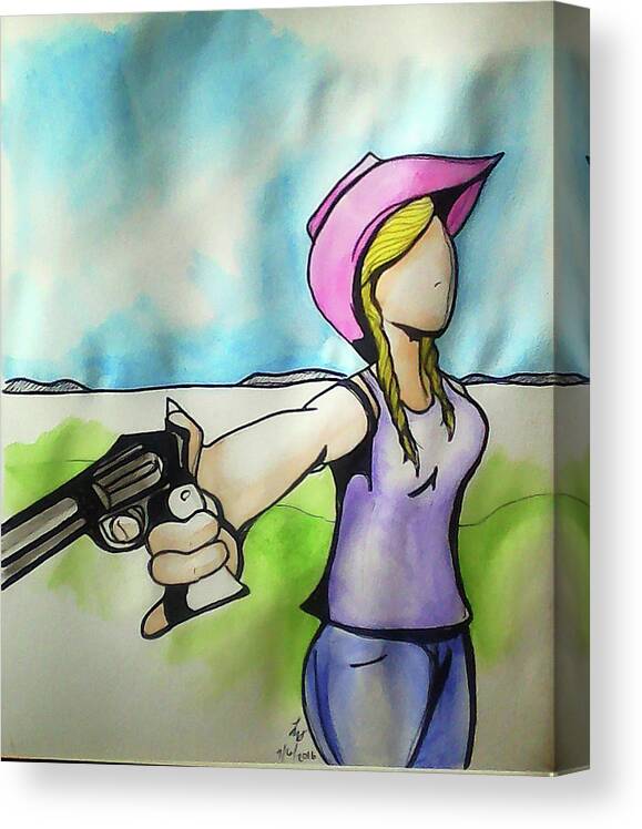 Cowgirl Canvas Print featuring the painting Cowgirl with gun by Loretta Nash