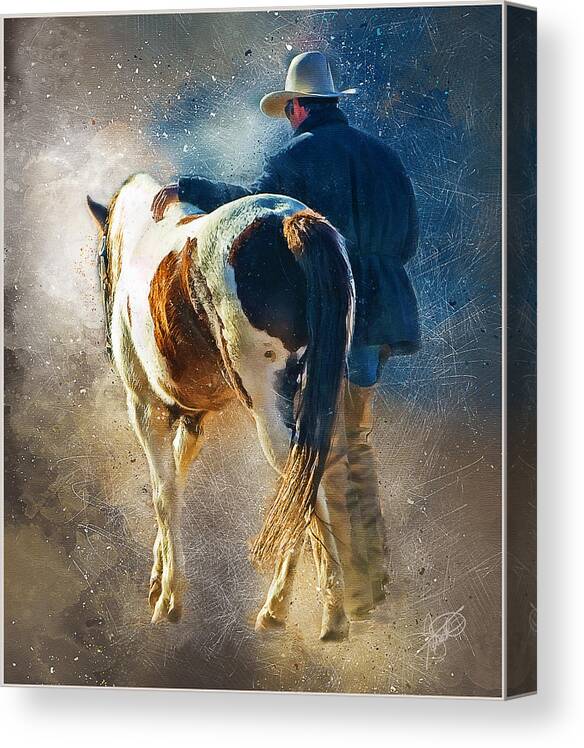 Cowboys Canvas Print featuring the mixed media Days End by Tom Schmidt