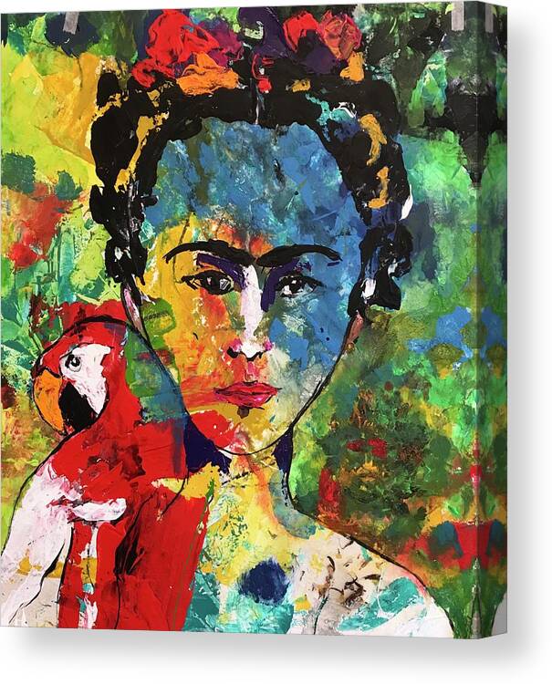 Frida Canvas Print featuring the painting Frida and Parrot Uno by Elaine Elliott