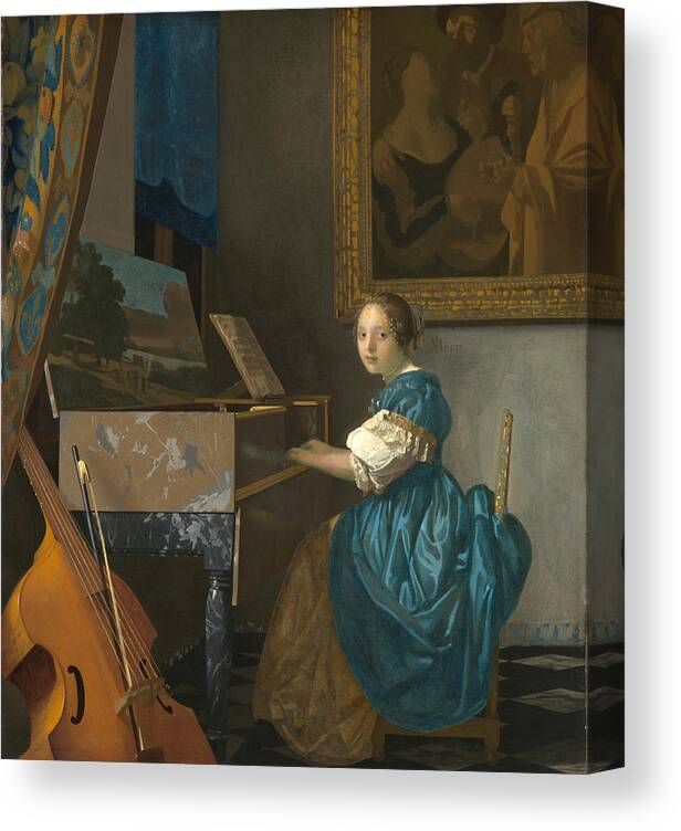 Johannes Vermeer Canvas Print featuring the painting Lady Seated At A Virginal by Johannes Vermeer