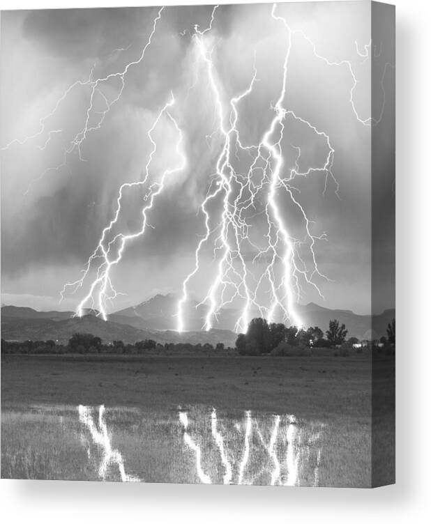 Foothills Canvas Print featuring the photograph Lightning Striking Longs Peak Foothills 4CBW by James BO Insogna
