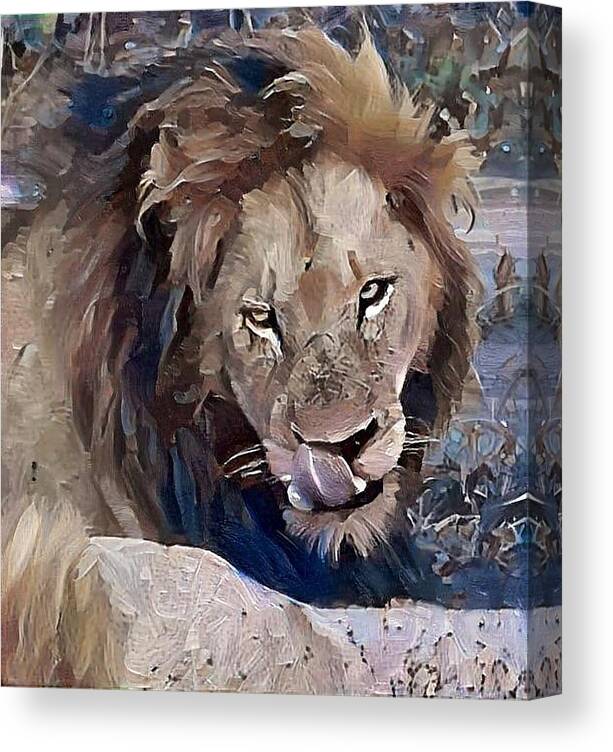 Lion Canvas Print featuring the photograph Lion with Tongue by Gini Moore
