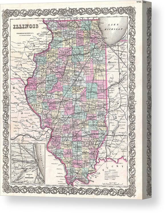 Joseph Hutchins Colton Canvas Print featuring the drawing Map of Illinois by Joseph Hutchins Colton