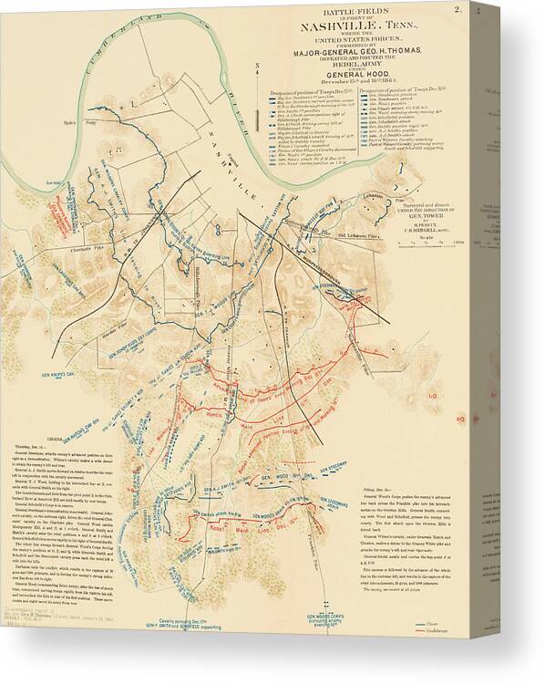 Map Canvas Print featuring the drawing Map of the Battle of Nashville - American Civil War by Mountain Dreams
