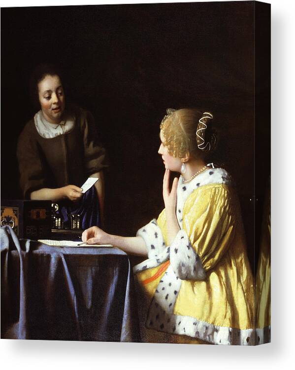 Jan Vermeer Canvas Print featuring the painting Mistress and Maid by Jan Vermeer