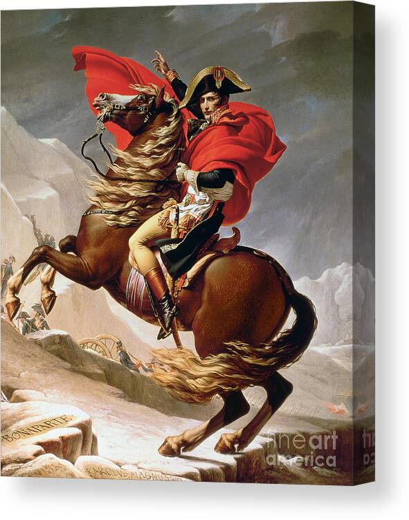 Bonaparte; Mounted; Portrait; Horse; Horseback; Male; Marengo; Rearing; Napoleon I; 1769-1821 Canvas Print featuring the painting Napoleon Crossing the Alps by Jacques Louis David