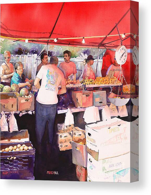 Saturday Market Mkt. Fruit Fruits Vegetable Vegetables Tent Red Scale Boxes Customers Farmers Farm Sales Watermelon Oranges Potatoes Change Money Glow Produce Weekly Daily Watercolor Painting Canvas Print featuring the painting Saturday Market by Mike Hill