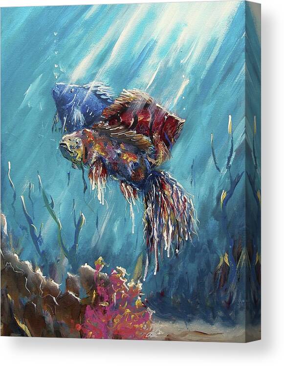 Miroslaw Chelchowski Shine Trough The Ocean Acrylic On Canvas Seascape Fish Tropical Light Blue Beauty Seaweed Water Under The Sea Life Red Colors Three Pink Painting Print Canvas Print featuring the painting Shine trough the ocean by Miroslaw Chelchowski