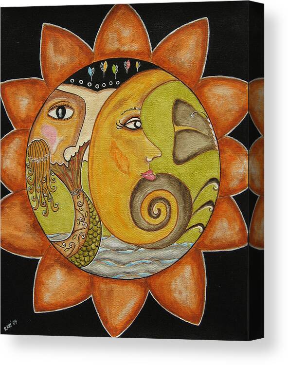 Folk Art Paintings Canvas Print featuring the painting Sun Moon and Mermaid by Rain Ririn