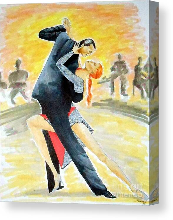Ballroom Dancers Canvas Print featuring the drawing Tango Tangle -- Portrait of 2 Tango Dancers by Jayne Somogy