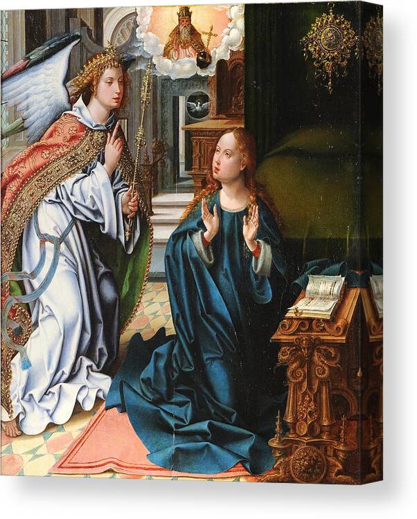 Pieter Coecke Van Aelst Canvas Print featuring the painting The Annunciation by Pieter Coecke van Aelst