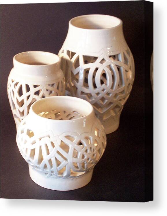 White Canvas Print featuring the ceramic art Three Interlaced Design Wheel Thrown Pots by Carolyn Coffey Wallace
