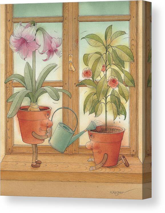 Flower Pot Kitchen Blosom Gardening Canvas Print featuring the painting Two Flowerpots by Kestutis Kasparavicius