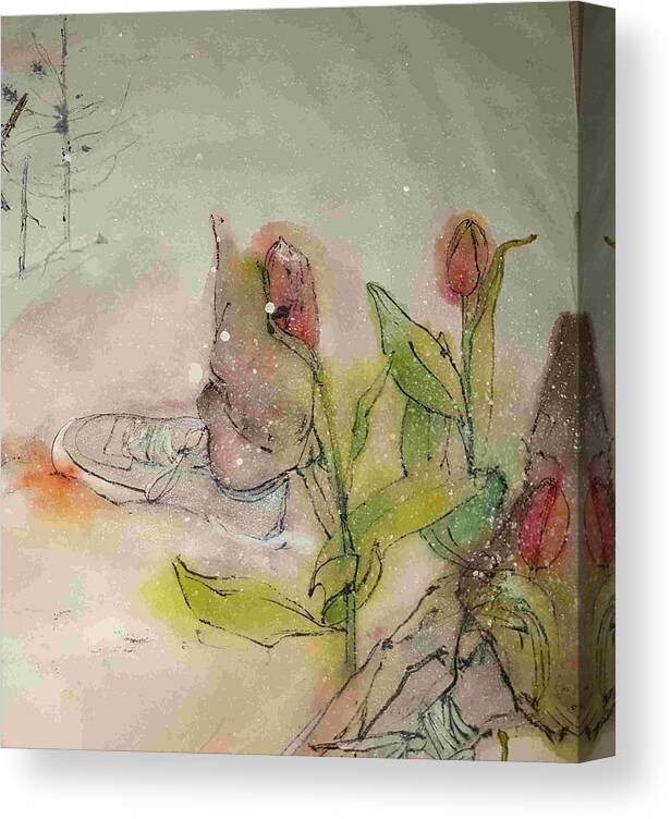 Garden. Feet. Flowers. Tulips Canvas Print featuring the painting Walking in by Debbi Saccomanno Chan