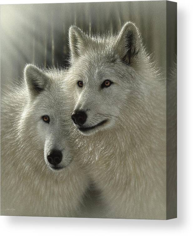 Wolf Art Canvas Print featuring the painting White Wolves - Sunlit Soulmates by Collin Bogle