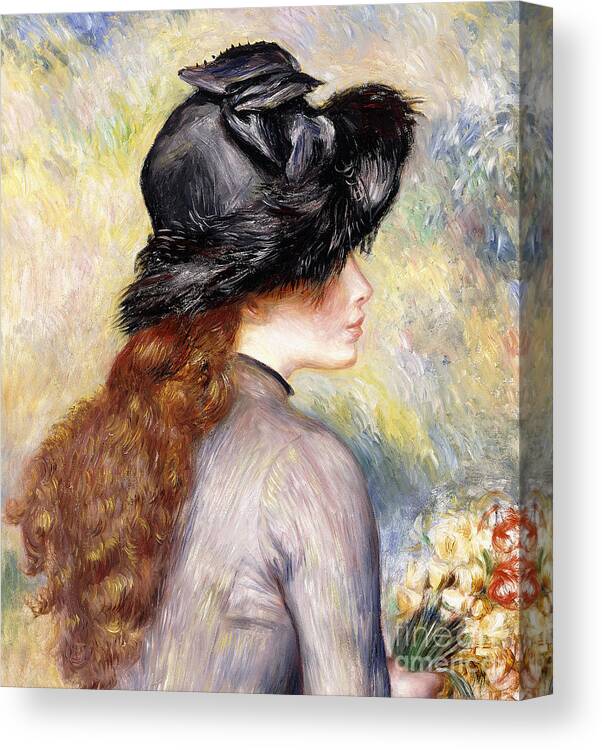 Renoir Canvas Print featuring the painting Young Girl holding a Bouquet of Tulips, by Pierre Auguste Renoir