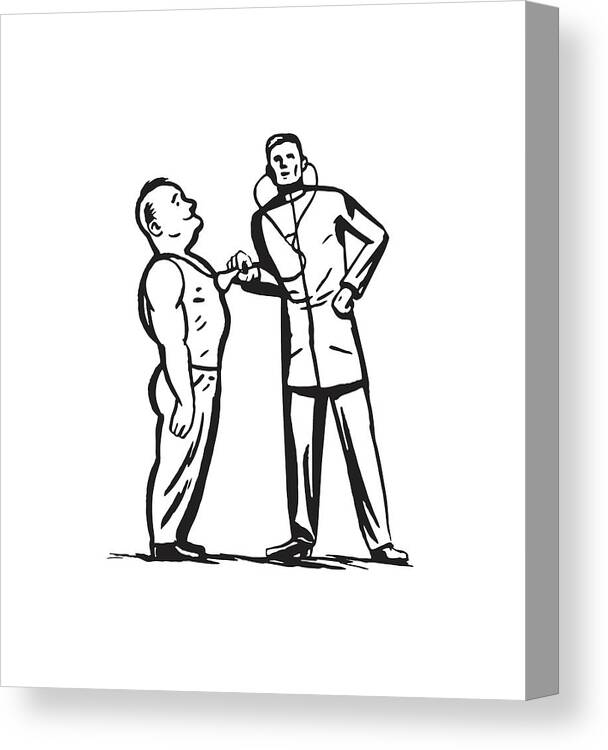Adult Canvas Print featuring the drawing Doctor Using Stethoscope on Strong Man #1 by CSA Images