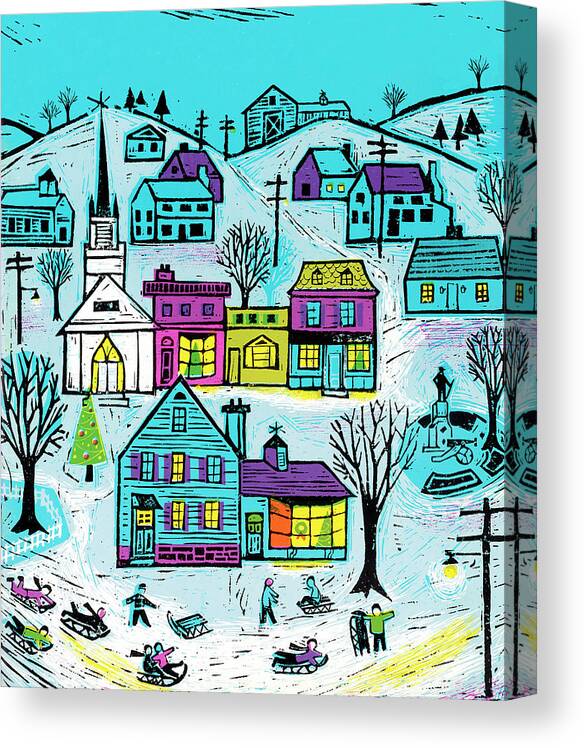 Architecture Canvas Print featuring the drawing Small Town Winter Scene #1 by CSA Images