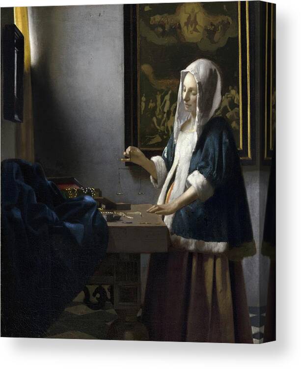 Figurative Canvas Print featuring the painting Woman Holding A Balance by Johannes Vermeer