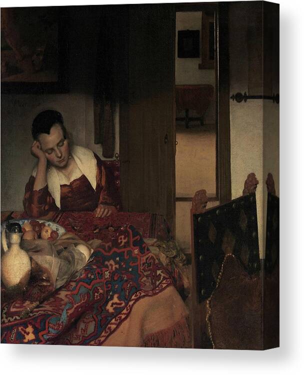 Figurative Canvas Print featuring the painting A Maid Asleep by Johannes Vermeer