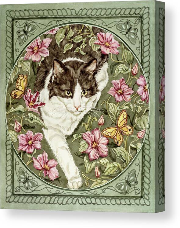 Cat Walking Out Of Flowers With Green Butterfly Border Around It Canvas Print featuring the painting A Walk On The Wild Side by Jan Benz