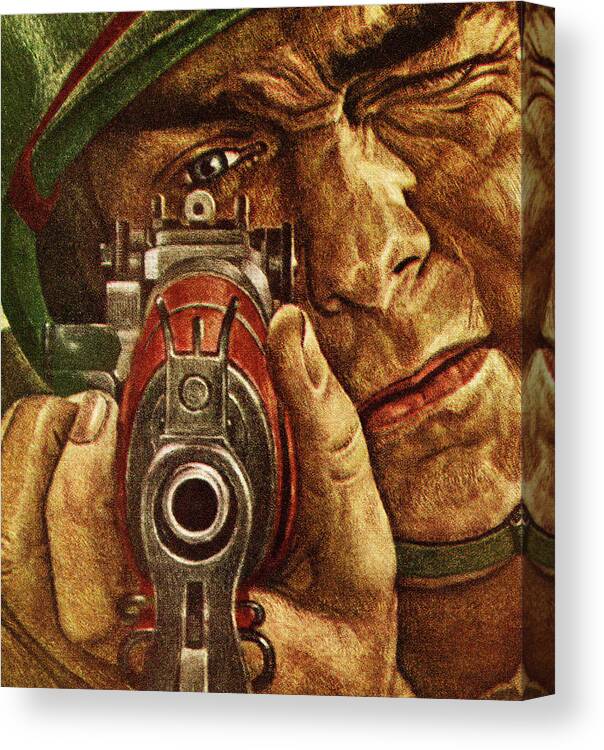 Adult Canvas Print featuring the drawing Closeup of a Soldier Looking Through the Sight of a Rifle by CSA Images