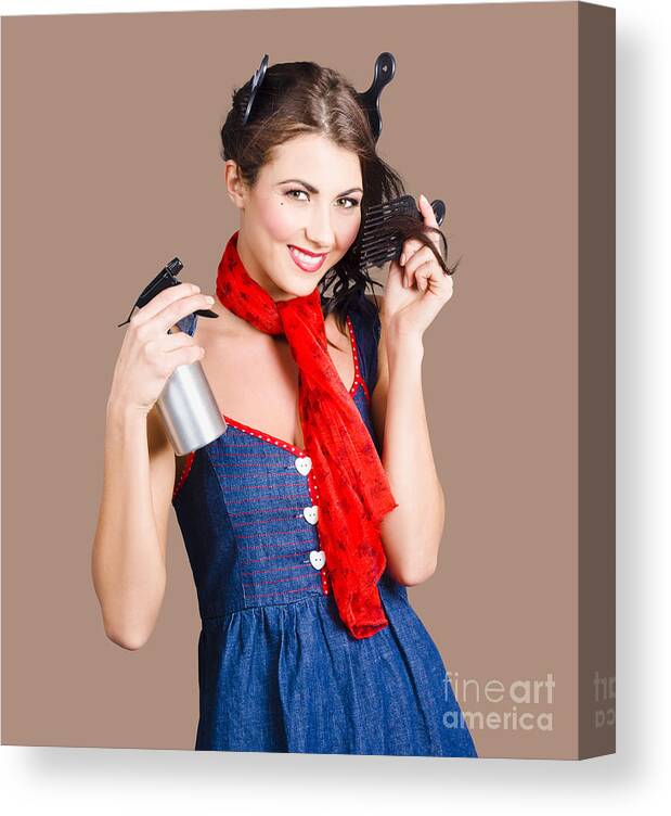 Hair Canvas Print featuring the photograph Cute girl model styling a hairdo. Pinup your hair by Jorgo Photography