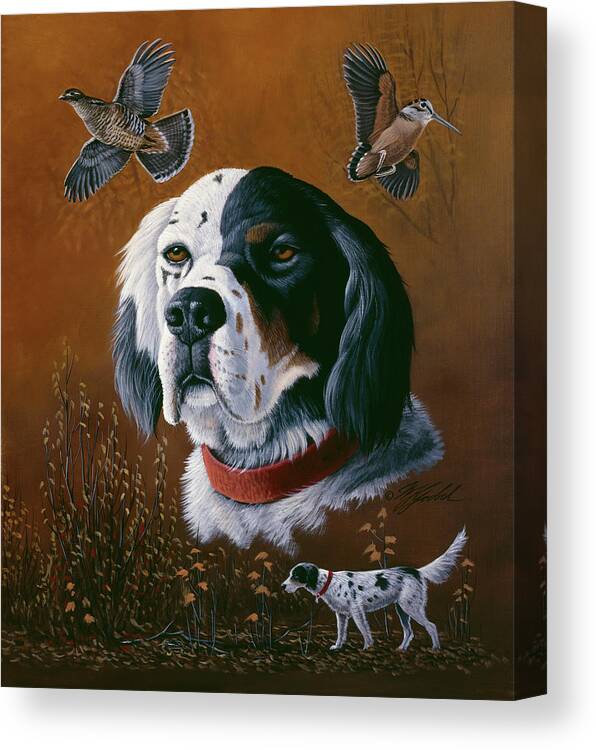 English Setter With A Partridge In The Upper Left And A Woodcock In The Right Corner Canvas Print featuring the painting English Setter by Wilhelm Goebel