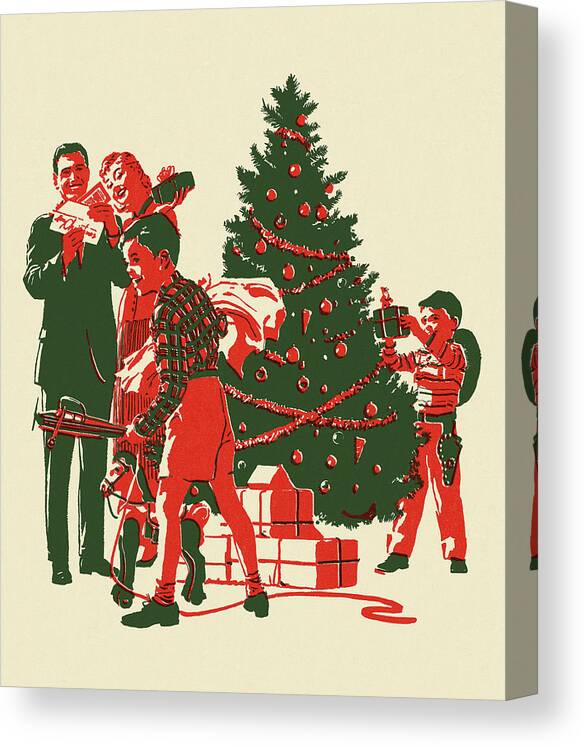 Adult Canvas Print featuring the drawing Family at Christmas Opening Gifts by CSA Images
