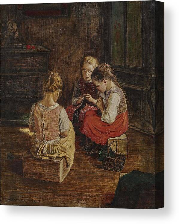 Girl Canvas Print featuring the painting FIRLE, WALTHER Three Knitting Girls by Celestial Images