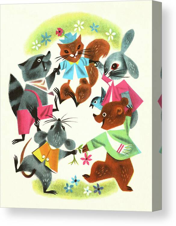 Activity Canvas Print featuring the drawing Five Little Animals Dancing by CSA Images