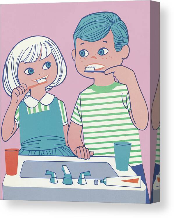 Bathroom Canvas Print featuring the drawing Girl and Boy Brushing Their Teeth by CSA Images