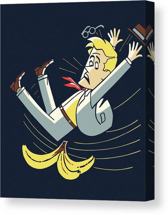 Accident Canvas Print featuring the drawing Man Slipping on a Banana Peel by CSA Images