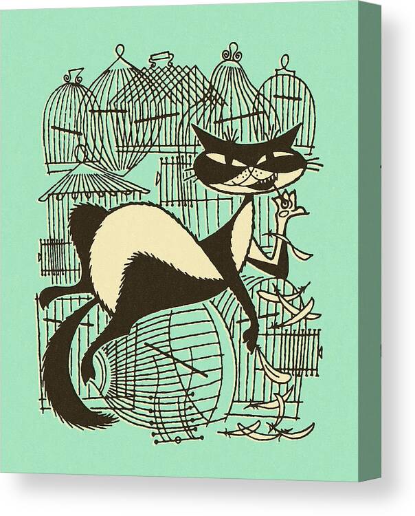 Animal Canvas Print featuring the drawing Naughty Cat With Empty Birdcages by CSA Images