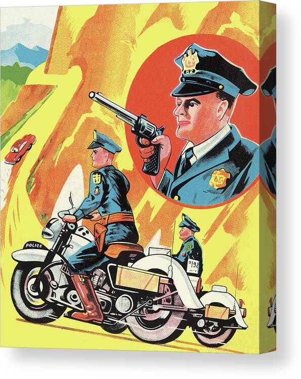 Adult Canvas Print featuring the drawing Policemen on Motorcycle by CSA Images