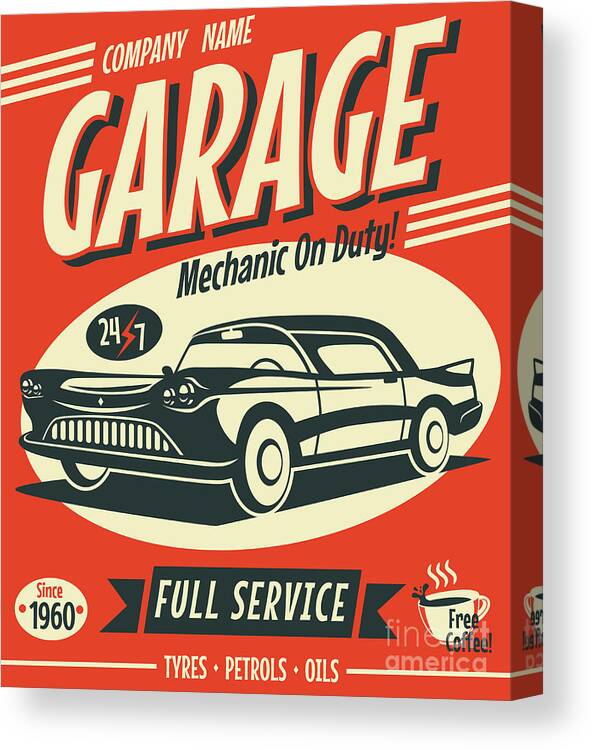 Template Canvas Print featuring the digital art Retro Car Service Sign Vector by Laralova