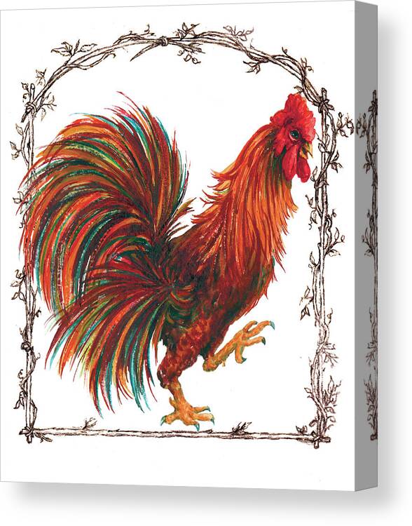Rooster 1-twig Border-brn Canvas Print featuring the mixed media Rooster 1-twig Border-brn by Sher Sester