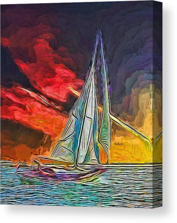 Paint Canvas Print featuring the painting Sailboath on sunset 2 by Nenad Vasic