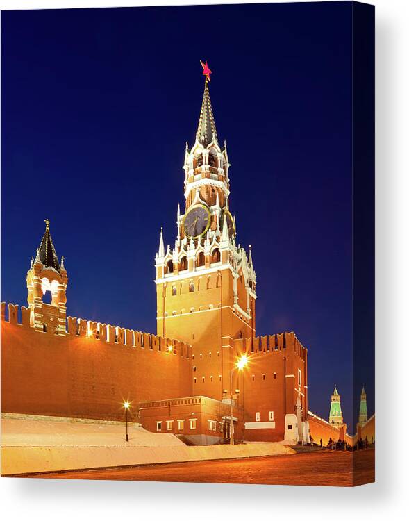 Clock Tower Canvas Print featuring the photograph Spasskaya Tower Of Moscow Kremlin At by Mordolff
