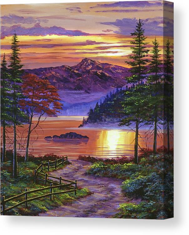 Landscape Canvas Print featuring the painting Sunrise At Misty Lake by David Lloyd Glover