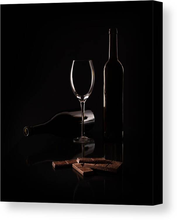 Still Life Low Key Glass Black Wine Chocolate Canvas Print featuring the photograph Temptations by Margareth Perfoncio