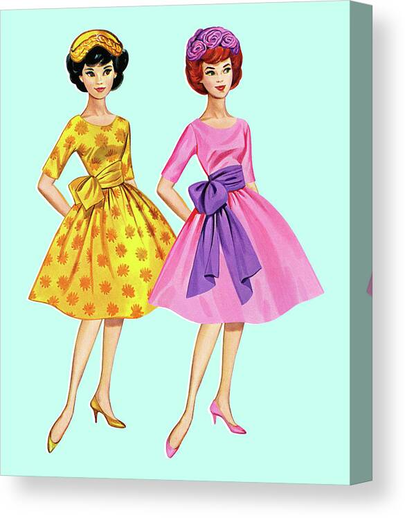 Accessories Canvas Print featuring the drawing Two Paper Doll Women Wearing Dresses by CSA Images