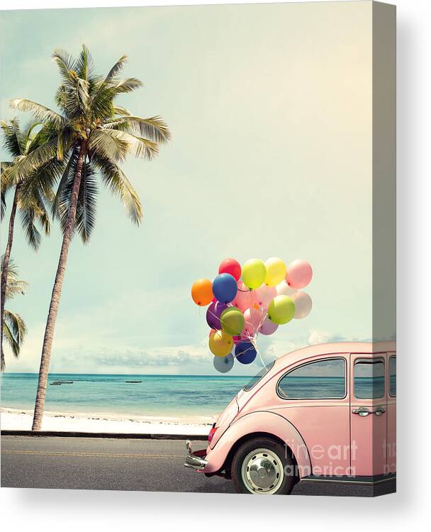 Birthday Canvas Print featuring the photograph Vintage Card Of Car With Colorful by Jakkapan