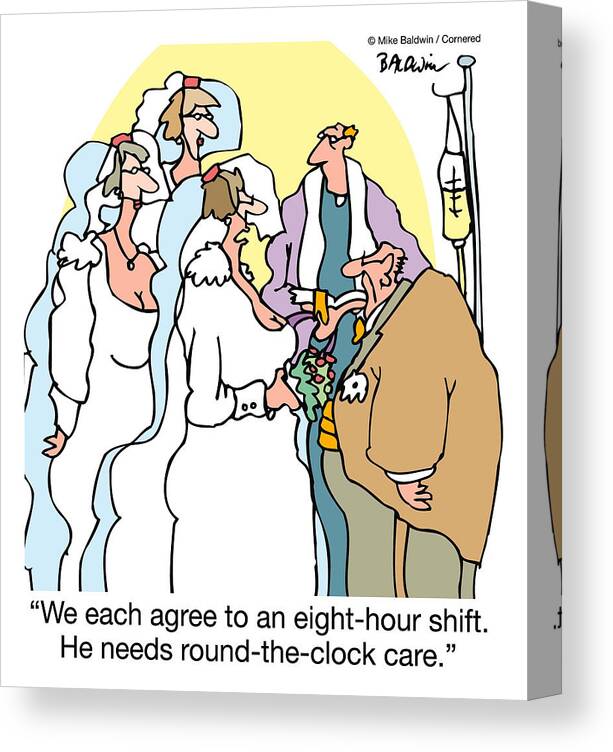 Wedding Canvas Print featuring the drawing We Each Agree To An Eight-hour Shift. He Needs by Mike Baldwin