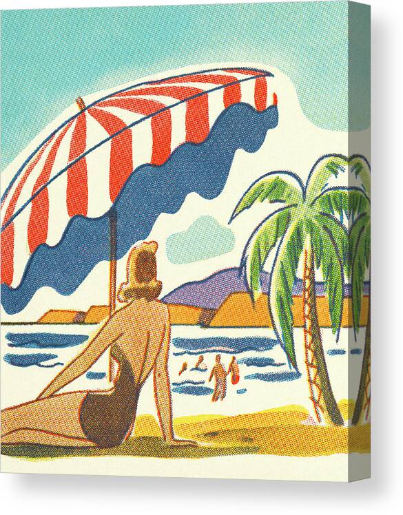 Adult Canvas Print featuring the drawing Woman Relaxing Under an Umbrella on the Beach by CSA Images