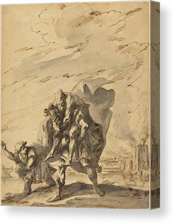 Gaspare Diziani Canvas Print featuring the drawing Aeneas Carrying Anchises from Burning Troy by Gaspare Diziani