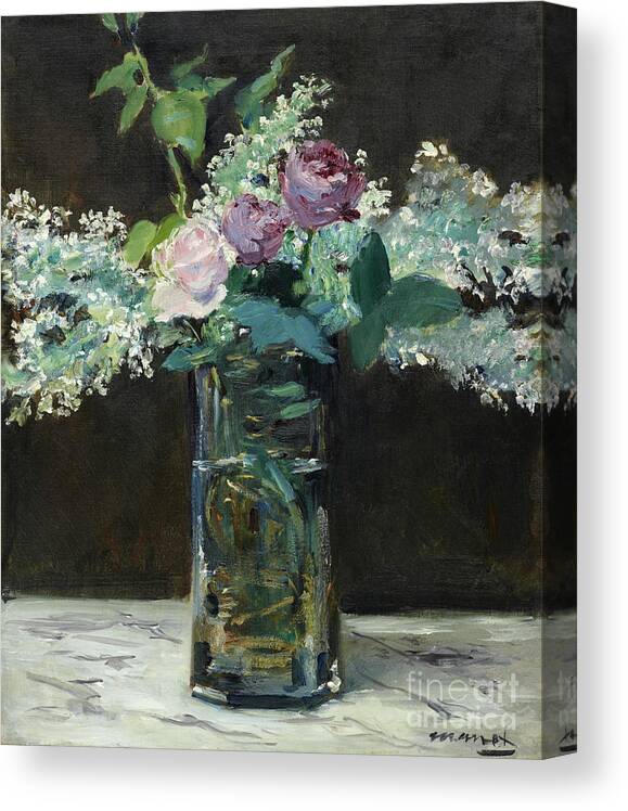 Vase Of White Lilacs And Roses Canvas Print featuring the painting Vase of White Lilacs and Roses, 1883 by Edouard Manet