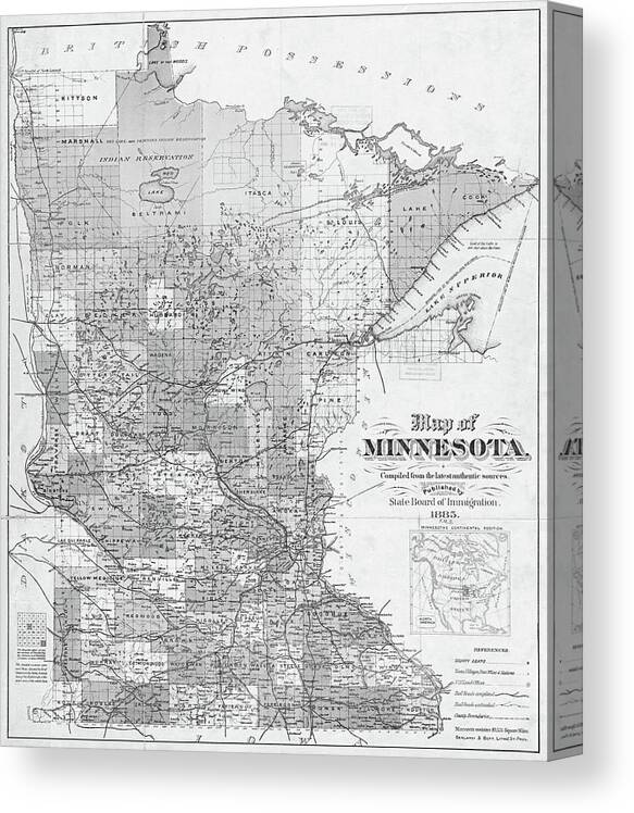 1885 Canvas Print featuring the photograph 1885 Historical Map of Minnesota in Black and White by Toby McGuire