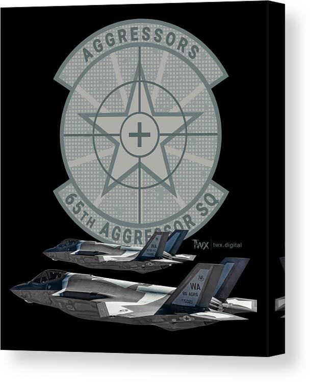 Thunderwurx Canvas Print featuring the digital art A pair of F-35A Lightning IIs from the 65th Aggressor Squadron - Camo by Custom Aviation Art